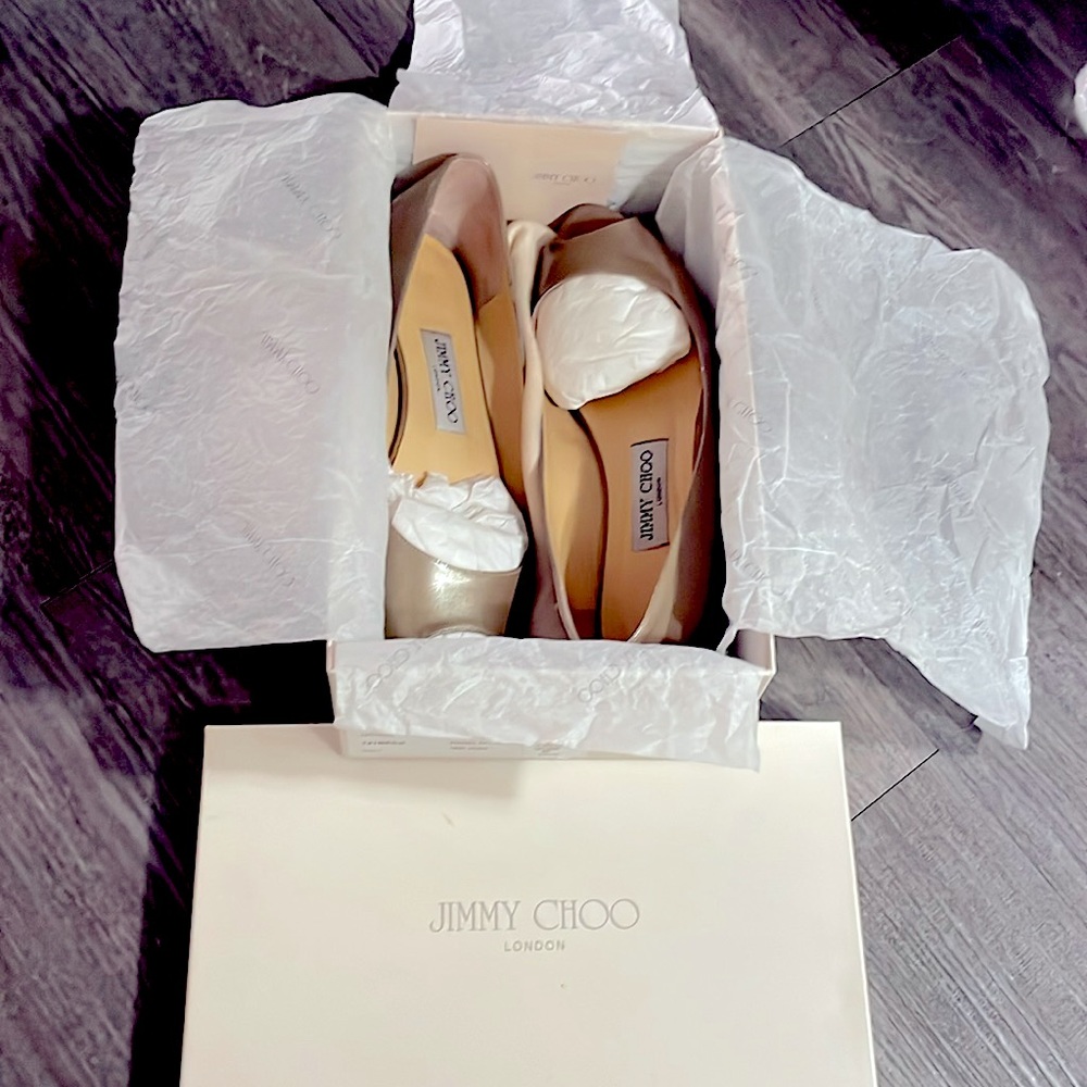 Jimmy Choo Beck Peep Toe Flat Khaki Metallic Patent Leather Gold Enamel Heel - Picture 16 of 16